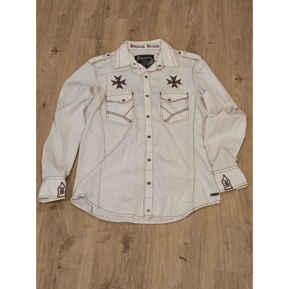 Buckle Black Embroidered Men’s Slim Fit Medium Button Snaps Long Sleeve Shirt